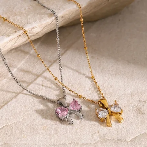 Collana Pendente Fiocco Cuore Zirconia Cubica Acciaio Inossidabile Placcato Oro 18K Catena Satellitare Gioielli Donna