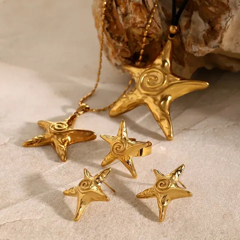 Starfish Stud Earrings Necklace Ring Spiral Texture Gold Plated Stainless Steel Waterproof Hypoallergenic Jewelry