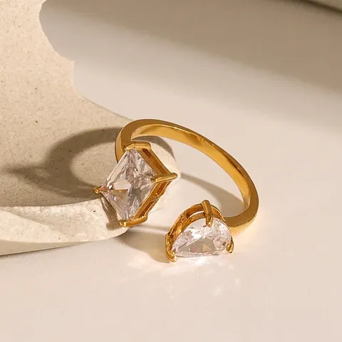Adjustable Open Ring Stainless Steel Zircon Double Stone Pear Rectangle Cut Waterproof Hypoallergenic Fashion Jewelry Women