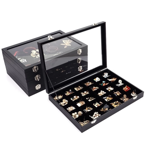 Black PU Leather Jewelry Box With Glass Lid Velvet Lining For Rings Necklaces Earrings Large Capacity Display Case Organizer