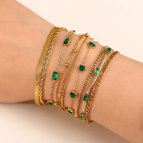 Gold Plated Stainless Steel Bracelet Green Cubic Zirconia Rectangle Heart Figaro Snake Chain Jewelry For Women