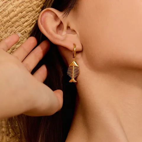 Fishbone Drop Hoop Earrings Stainless Steel Fun Vacation Jewelry For Women Hypoallergenic Gold Tone
