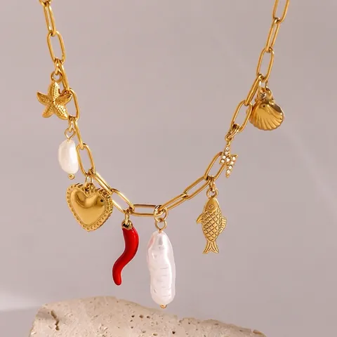 Collana In Acciaio Inossidabile Placcato Oro Con Ciondoli Stella Marina Cuore Conchiglia Pesce Fulmine Perla Artificial Donna