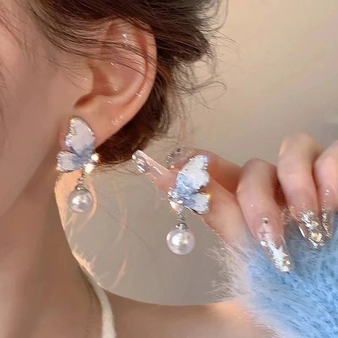 Butterfly Drop Earrings With Faux Artificial Pearl Rhinestones And Silver Earring Post Elegant Jewelry For Women
