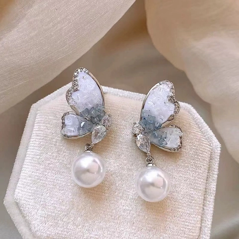 Butterfly Drop Earrings With Faux Artificial Pearl Rhinestones And Silver Earring Post Elegant Jewelry For Women