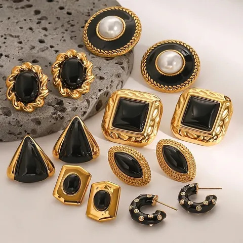 Vintage Geometric Earrings Stainless Steel Black Enamel Gold Plated Waterproof Hypoallergenic French Style Fashion Jewelry For Women