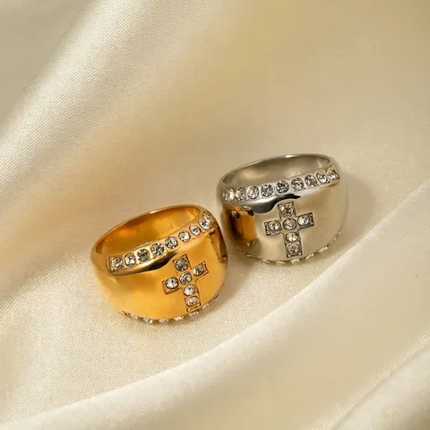 Stainless Steel Ring Cross Pattern Rhinestone Inlaid Wide Dome Finger Jewelry Vintage Religious Fashion For Women