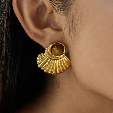 Fan Shaped Stud Earrings Stainless Steel With Tiger Eye Stone French Vintage 18K Gold Plated Hypoallergenic For Women