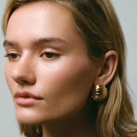 Pendientes De Botón Croissant Acero Inoxidable Textura Acanalada Diseño Ovalado Chapado En Oro Estilo Francés Joyería Para Mujer