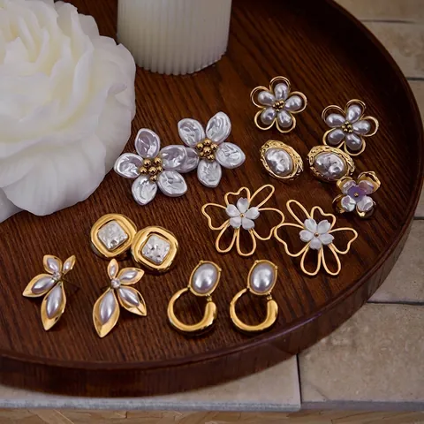 Elegant Flower Stud Earrings Stainless Steel Imitation Artificial Pearl Shell Waterproof Hypoallergenic Vintage Jewelry For Women