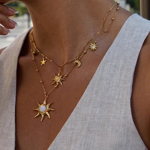 Collana A Strati E Orecchini Sole Luna Stella In Acciaio Inossidabile Placcato Oro Gioielli Opale Bohémien Per Donna