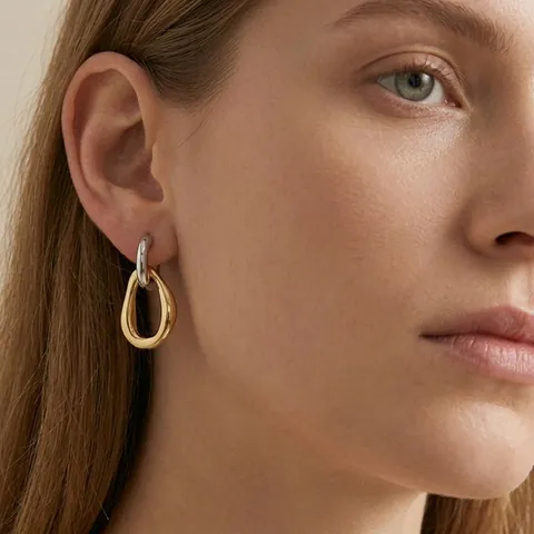 Boucles D'oreilles Géométriques Minimalistes Acier Inoxydable Bicolore Or Argent Irrégulier Organique Créoles Moderne Hypoallergénique