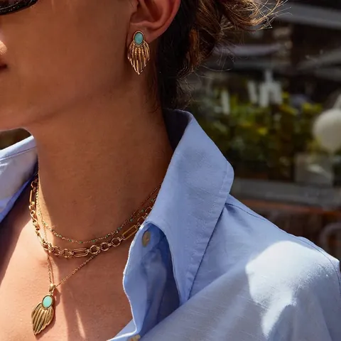 Collana Con Pendente E Orecchini In Acciaio Inossidabile Placcato Oro Ala Foglia Pietra Turchese Per Donna Ipoallergenico