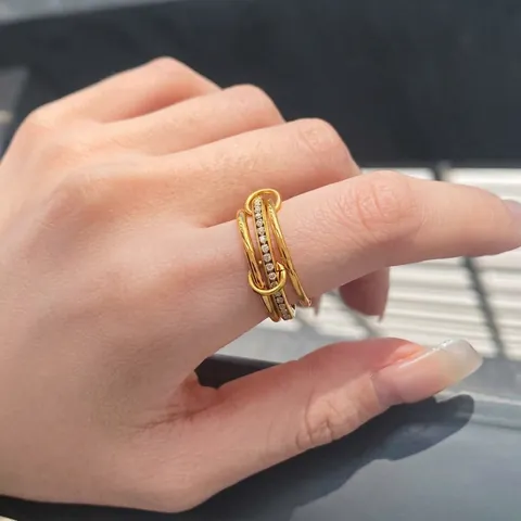 Stainless Steel Interlocking Rings For Women Gold Plated Multilayer Pavé Zirconia Chic Hypoallergenic Jewelry Gift