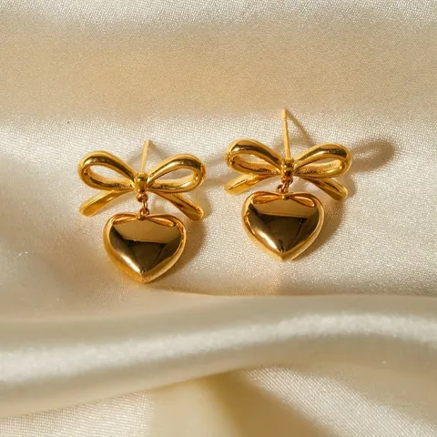 Elegantes Pendientes de Gota de Acero Inoxidable con Lazo y Corazón Bicolor Oro Plata Pendientes Colgantes con Lazo y Corazón Joyería para Mujer