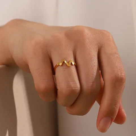 Heartbeat Wave Ring 18K Gold Plated Stainless Steel Adjustable Opening Minimalist Chic Jewelry For Women Girls