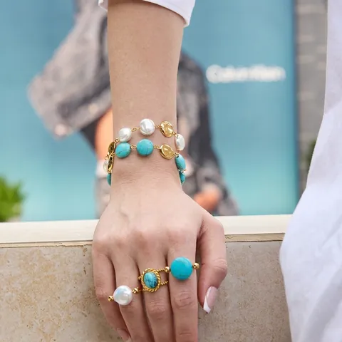 Stainless Steel Turquoise Bracelet And Artificial Pearl Rings Jewelry Bohemian Vintage Style For Women Gold Plated