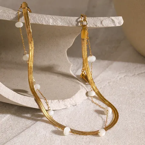 Doppellagiges Fußkettchen Aus Edelstahl 18K Vergoldet Flache Schlangenkette Runde Muschelperlen Modeschmuck Für Frauen
