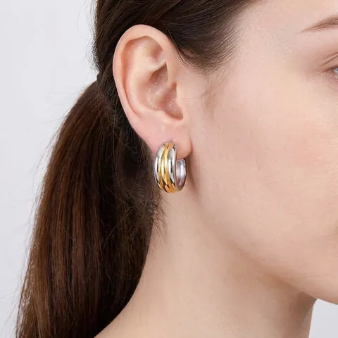 Minimalist Gold Silver Two Tone C Shaped Stainless Steel Hoop Earrings For Women Hypoallergenic Fashion Jewelry Accessory