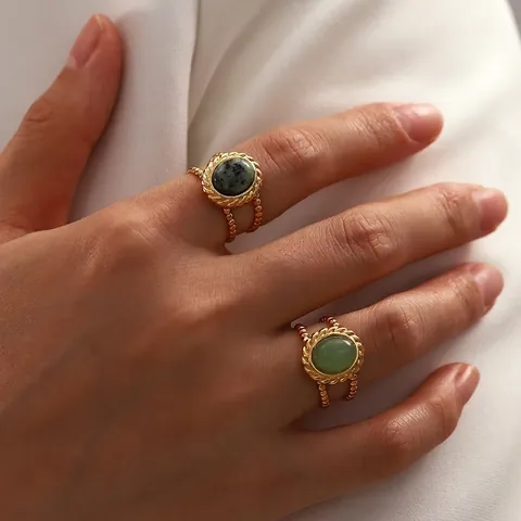 Vintage Edelstahl Offener Ring Für Damen Naturstein Eingelegt Vergoldet Verstellbar Geometrisch Mode Fingerring Schmuck