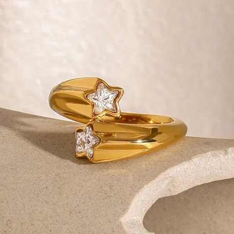 Roestvrijstalen Verstelbare Open Ring Met Dubbele Ster En Zirkonia Vergulde Minimalistische Sieraden Voor Dames