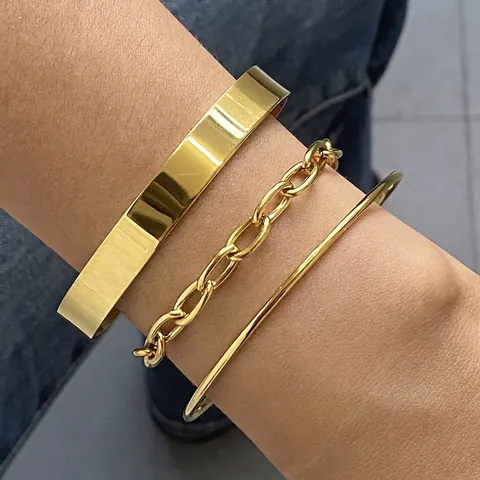 Minimalistischer Vergoldeter Edelstahl Offene Manschette Armreif Ovales Glied OT Schnalle Kette Armband Und Kugel Dünner Reif