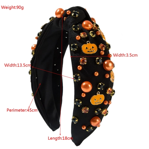 Halloween Knotted Wide Headband For Women Pumpkin Ghost Rhinestone Artificial Pearl Festival Party Hair Accessories