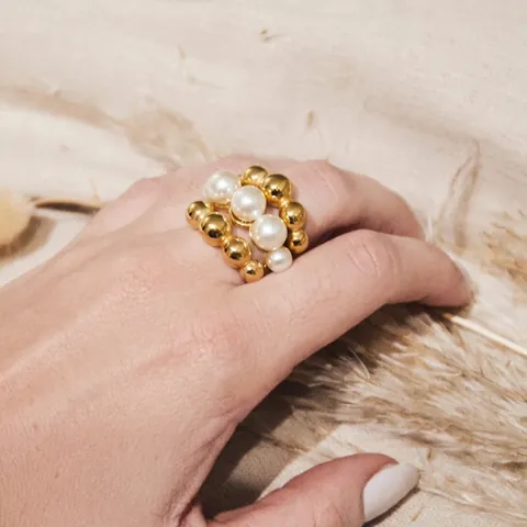 Multi Layer Finger Ring Stainless Steel With White Faux Artificial Pearls And Gold Beads Geometric Fashion Elegant Jewelry For Women