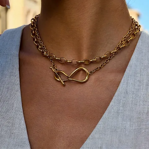 Double Layer Stainless Steel Necklace With Infinity Knot Pendant And Toggle Clasp For Women Fashion Jewelry