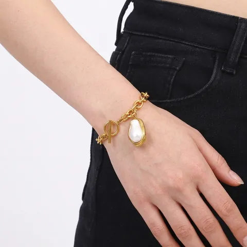 Pulsera De Perlas Barrocas Artificiales Chapado En Oro De 18K Acero Inoxidable Cierre De Palanca Cadena De Eslabones Colgante De Corazón