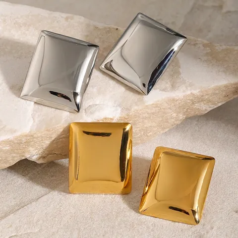 Geometric Rectangular Stud Earrings 18K Gold Plated Stainless Steel Minimalist Mirror Polished Smooth Fashion For Women
