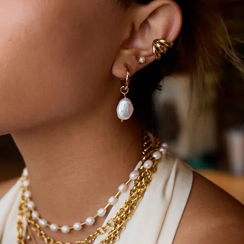 Artificial Baroque Pearl Earrings Stainless Steel Gold Hammered Hoop Stud Ear Cuff Waterproof Hypoallergenic Jewelry For Women