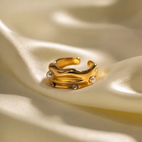 Ins Style 18K Gold Plated Stainless Steel Open C-Shaped Ring With Artificial Pearl Rhinestone Adjustable Jewelry For Women