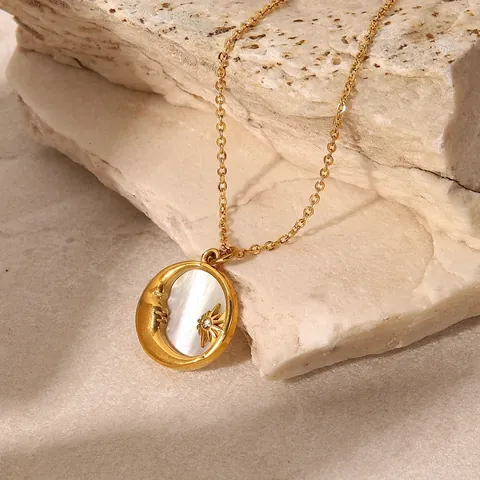 Collana In Acciaio Inossidabile Placcata Oro 18K Madreperla Naturale Stella Luna Ciondolo Rotondo Vintage Per Donna