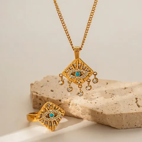 Anello Quadrato Vintage Evil Eye Lava Acciaio Inossidabile Placcato Oro 18K Con Zircone E Malachite Per Donna