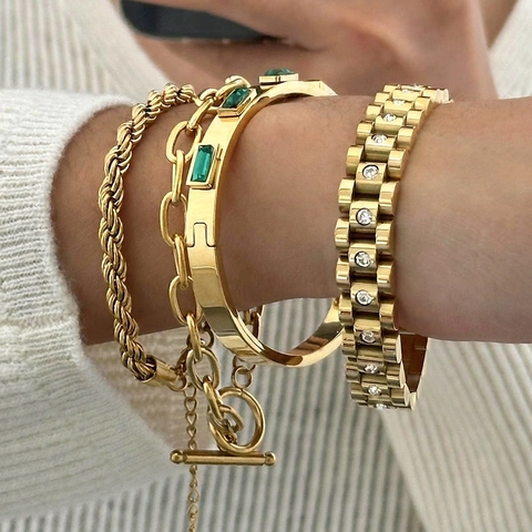 Stainless Steel 18K Gold Plated Rhinestone Bracelet For Women Elegant Green Gemstone Bangle Pave Link Jewelry Fashion Hand Accessory