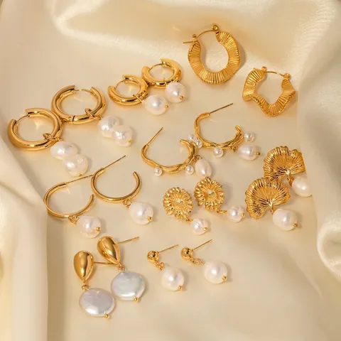 Elegant Freshwater Pearl Drop Earrings For Women Stainless Steel Gold Plated Geometric C Shape Vintage Style Jewelry