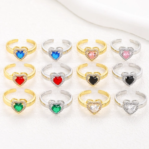 Bague En Cuivre En Forme De Cœur Avec Zircone Cubique Colorée Design Ouvert Réglable Bijoux Mode Pour Femmes