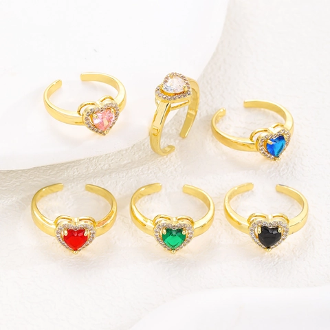 Bague En Cuivre En Forme De Cœur Avec Zircone Cubique Colorée Design Ouvert Réglable Bijoux Mode Pour Femmes