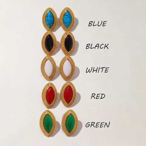 Vintage Oval Stud Earrings Stainless Steel Inlaid With Colorful Faux Agate Stones Geometric Waterproof Jewelry For Women