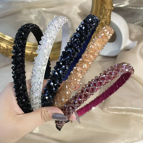 Handmade Crystal Beaded Headband Wide Sparkling Glass Bead Hair Hoop Elegant Fashion Headwear For Women Daily Wedding