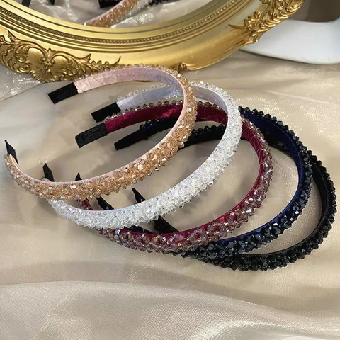 Handmade Crystal Beaded Headband Wide Sparkling Glass Bead Hair Hoop Elegant Fashion Headwear For Women Daily Wedding