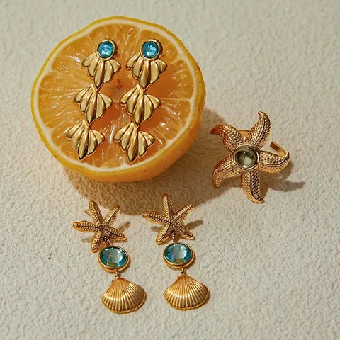 Seestern Muschel Ohrringe Und Ring Vergoldeter Edelstahl Blau Edelstein Ozean Thema Wasserdicht Elegant Mode Schmuck Frauen