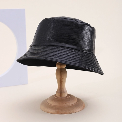 Fashion Metallic PU Leather Bucket Hat For Women Men Shiny Gold Silver Black Rose Gold Textured Sunshade Street Style Festival Party Hat