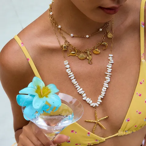 Collar Con Colgante De Estrella De Mar Océano Acero Inoxidable Chapado En Oro Joyería Bohemia De Playa Para Mujer Hipoalergénico