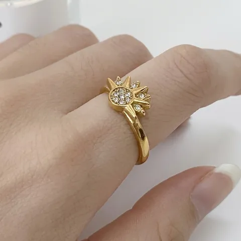 Anello Aperto Sole Acciaio Inossidabile Zirconia Incastonata Gioielli Minimalisti Per Donne Elegante