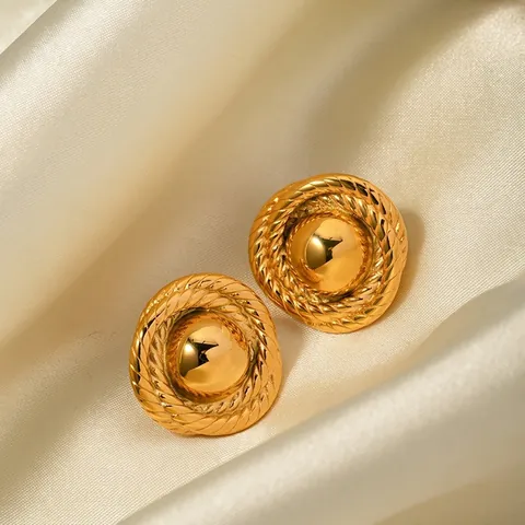 Vintage Edelstahl 18K Vergoldet Gewindestruktur Runde Ohrstecker Für Damen Individueller Minimalistischer Schmuck Geschenk