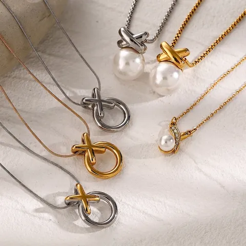 Mode Edelstahl Geometrische X Anhänger Halskette Mit Künstlicher Perle Strass Für Damen Gold Silber Schmuck Geschenk