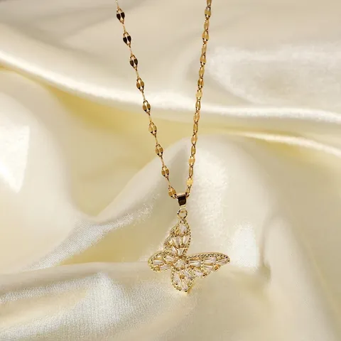 Gold Stainless Steel Butterfly Pendant Necklace For Women Luxury Rhinestone Inlaid Butterfly Necklace Jewelry Gift For Her