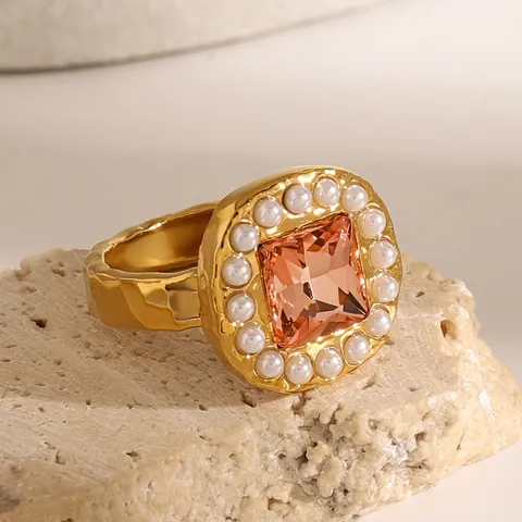 Vintage Quadratischer Champagner Edelstein Ring Mit Kunstperle 18K Vergoldet Edelstahl Gehämmerte Textur Schmuck Für Damen